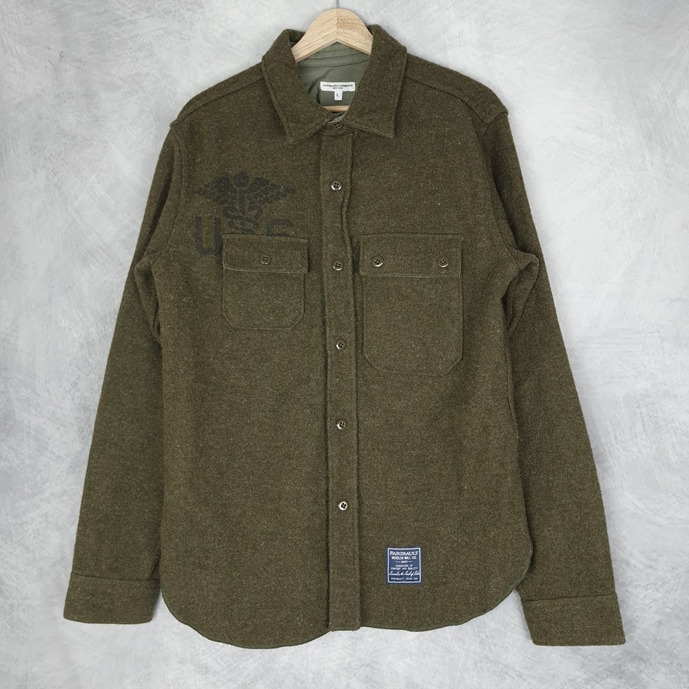 Engineered Garments Wool Shirt Jacket Mens Large Chin Strap Leather Elbow Patch